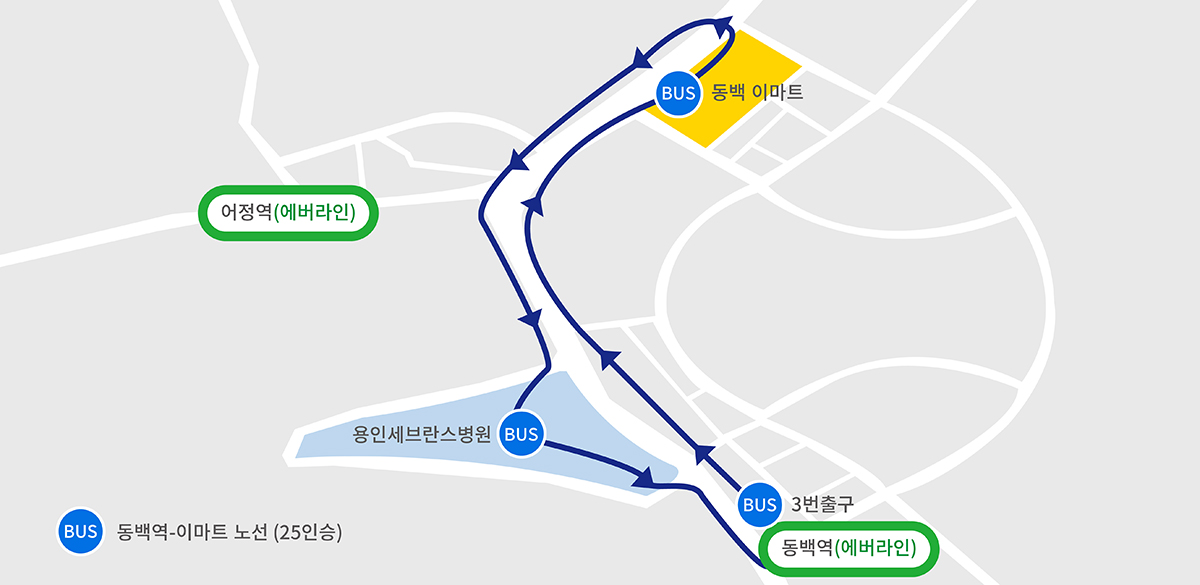 운행 노선 : ① 병원 1층 로비 앞 → ② 동백역 (3번 출구) 마을버스 정류장 → ③ 동백 이마트 앞